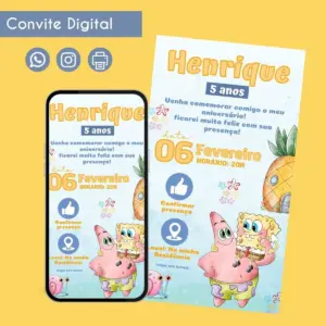 Convite Digital Bob Esponja Aquarela Personalizado Festa 20 Convite digital de aniversário infantil com personagens de desenho animado e data.