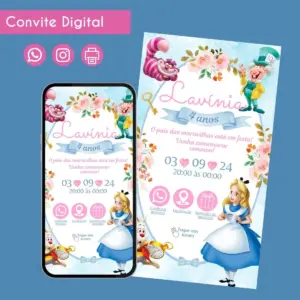Convite digital com tema de contos de fadas, exibindo personagens e informações de festa.
