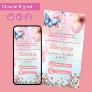 Arte digital de convite com borboletas e flores, visualizado em celular e layout de impressão.
