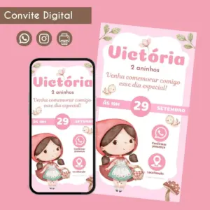 Convite digital de aniversário com tema Chapeuzinho Vermelho e pássaros.