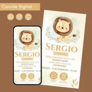 Convite digital de aniversário infantil com ilustração de leão fofo e informações da festa.