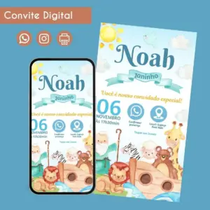 Convite Digital Arca de Noé Menino Personalizado Festa 38 Convite digital de aniversário com o nome Noah, tema Arca de Noé.