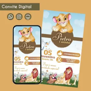 Convite Digital Simba Rei Leão Personalizado Festa 8 Convite digital de aniversário com personagens de filme animado, data e informações do evento.