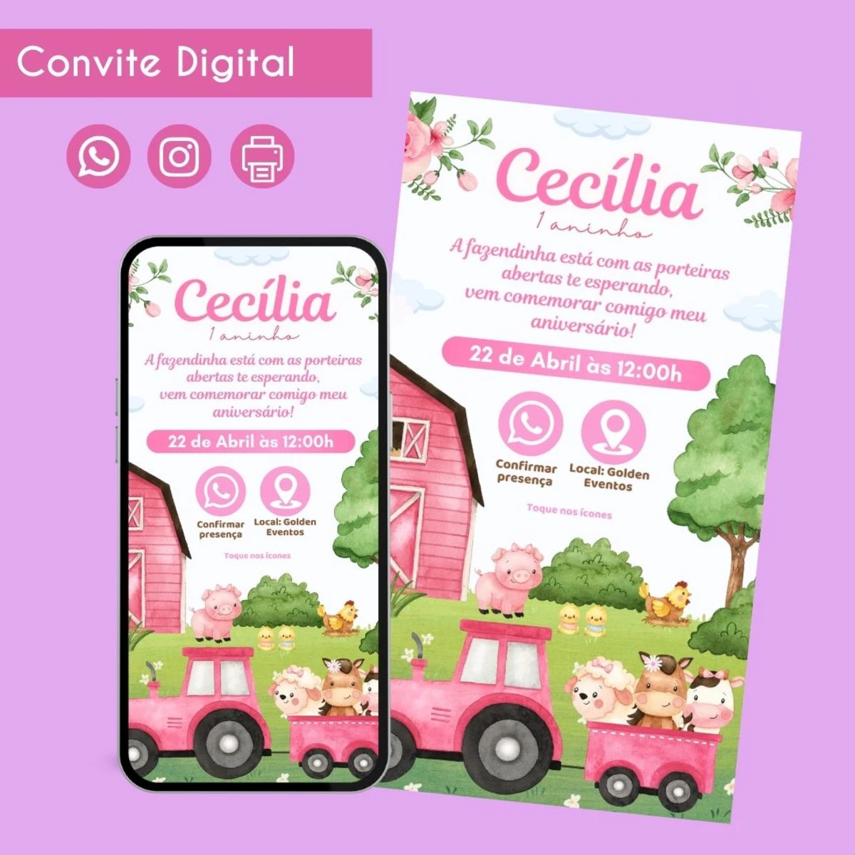 Convite Digital Fazendinha Menina Botões Interativo 1 Convite digital de aniversário com tema fazendinha, trator rosa e animais. Arte não física.