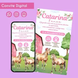 Convite digital temático de fazenda com cavalos, celeiro rosa e informações de festa.