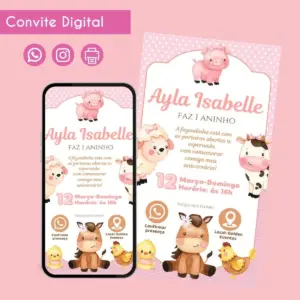 Convite digital de aniversário com tema fazendinha, apresentando animais fofos e informações de festa.