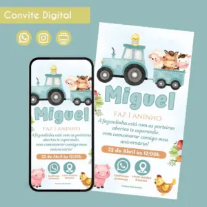 Convite digital de aniversário com tema fazendinha, trator, animais e texto em português.