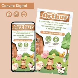 Convite digital de aniversário com tema fazendinha, exibido em celular e folha.
