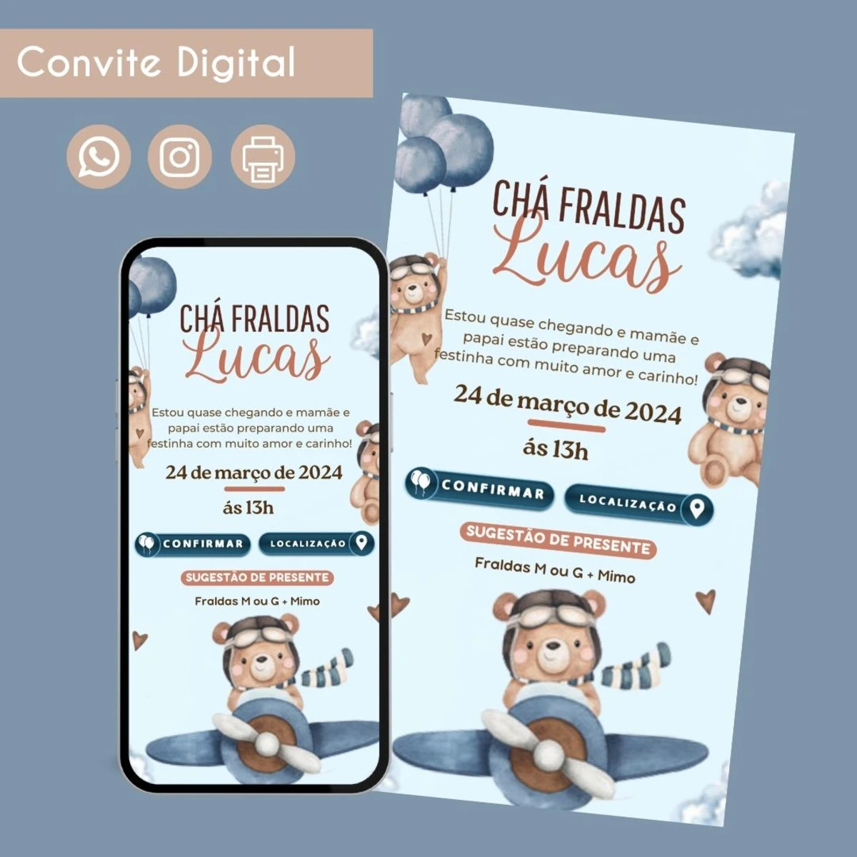 Convite Digital Chá de Fraldas Ursinho 1 Festa Infantil 1 Convite digital de chá de fraldas com tema de ursinho aviador, exibindo data e detalhes.