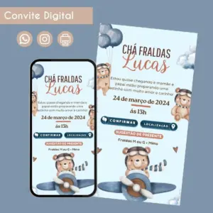 Convite Digital Chá de Fraldas Ursinho 1 Festa Infantil 15 Convite digital de chá de fraldas com ursinhos, data, hora e sugestão de presente.