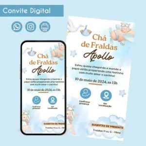 Convite Digital Chá de Fraldas Ursinho Personalizado Festa 13 Arte digital de convite para chá de fraldas com tema de avião e ursinho.