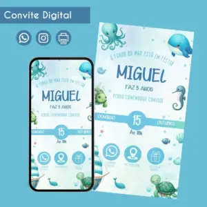 Convite Digital Fundo do Mar Botões Interativo Festa Infantil 15 Convite digital infantil tema fundo do mar, com polvo, baleia, tartaruga e data.