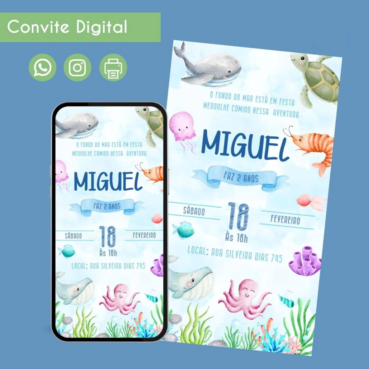 Convite Digital Fundo do Mar Menino Personalizado Festa 1 Convite digital com tema fundo do mar, ilustrações de animais marinhos coloridos.