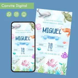 Convite digital infantil com tema fundo do mar, exibido em tela e formato impresso.