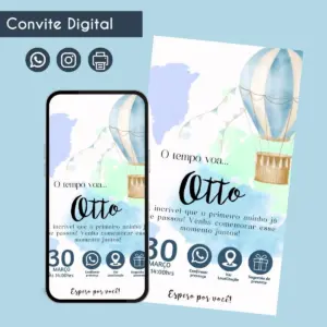 Convite digital com tema balão de ar quente, nuvens e bandeirinhas, em tons de azul e verde.