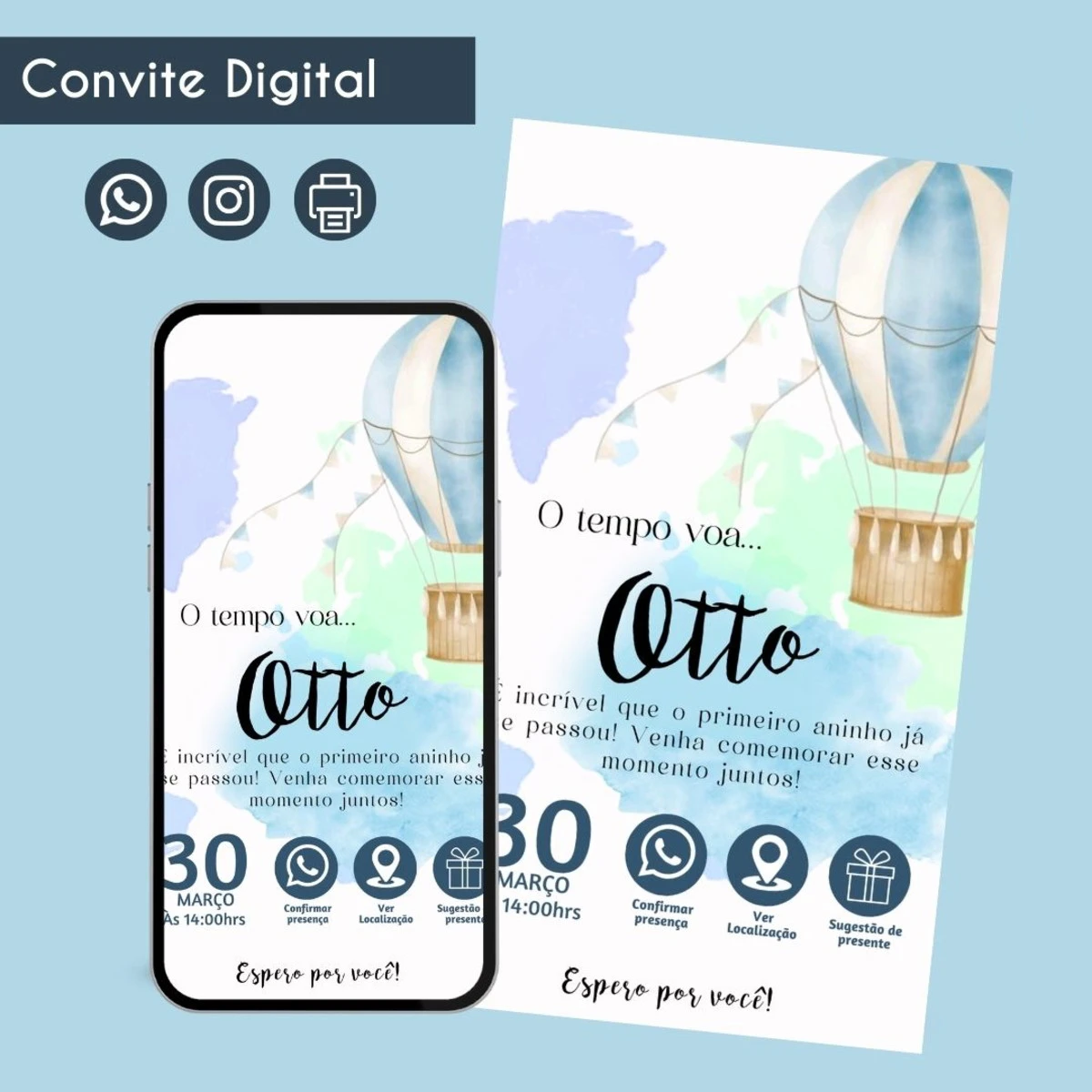Convite Digital o Tempo Voa 1 Festa Infantil 1 Convite digital com balões de ar quente, nuvens e informações de festa.