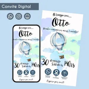 Convite digital de aniversário infantil de um ano com tema balão de ar quente.