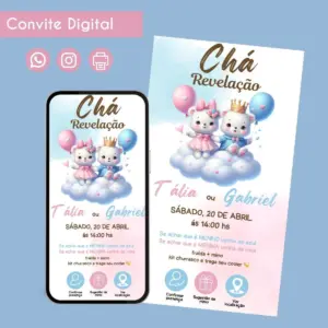 Convite Digital Chá Revelação Ursinhos Fofos Festa Infantil 13 Convite digital para chá revelação com ursos fofos, balões rosa e azul em nuvens.