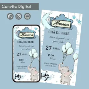Convite digital de chá de bebê com tema de elefante, lua e estrelas, em azul.
