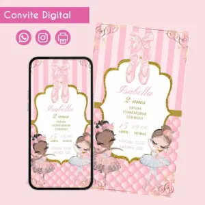 Convite digital de balé rosa com sapatilhas e três bailarinas.