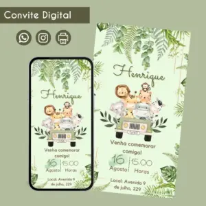 Convite digital de festa infantil com tema safari e animais fofos.