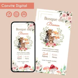 Convite digital com tema de bosque, animais fofos, flores e cogumelos.