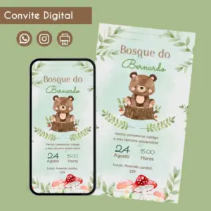 Arte digital de convite de aniversário infantil com tema de bosque e ursinho.