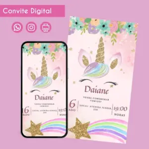Convite Digital Unicórnio Chifre 1 Personalizado Aniversário 43 Convite digital de unicórnio com fundo rosa, flores, estrelas e arco-íris.