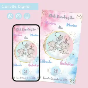 Convite digital para chá revelação com elefantes, balões rosa e azul, e detalhes do evento.