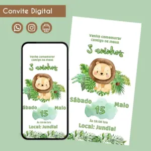 Convite digital de aniversário infantil com leãozinho e folhagens tropicais para 3 anos.