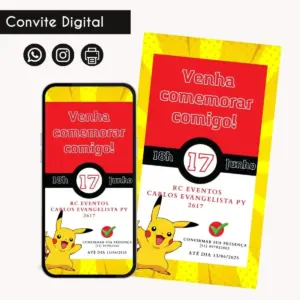 Convite digital temático de criatura amarela, exibido em tela de celular e em formato de cartão.