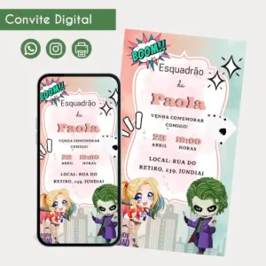 Convite digital temático com personagens de quadrinhos, exibido em tela e impresso.