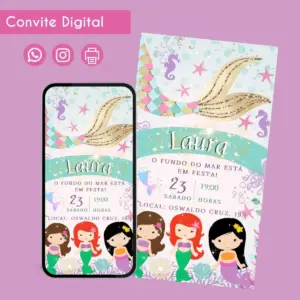Arte digital de convite com tema de sereia, cauda brilhante e personagens infantis.