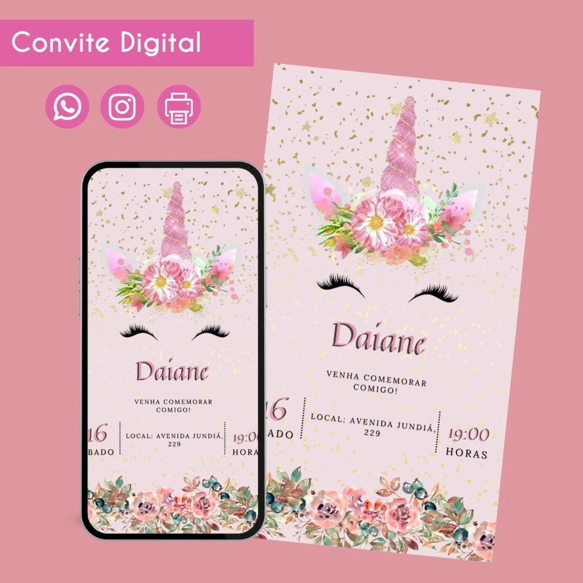 Convite Digital Unicórnio Chifre Personalizado Aniversário 1 Convite digital de unicórnio rosa com flores, exibido em tela de celular e cartão.