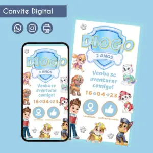 Arte digital de convite de aniversário com tema de aventura e personagens.