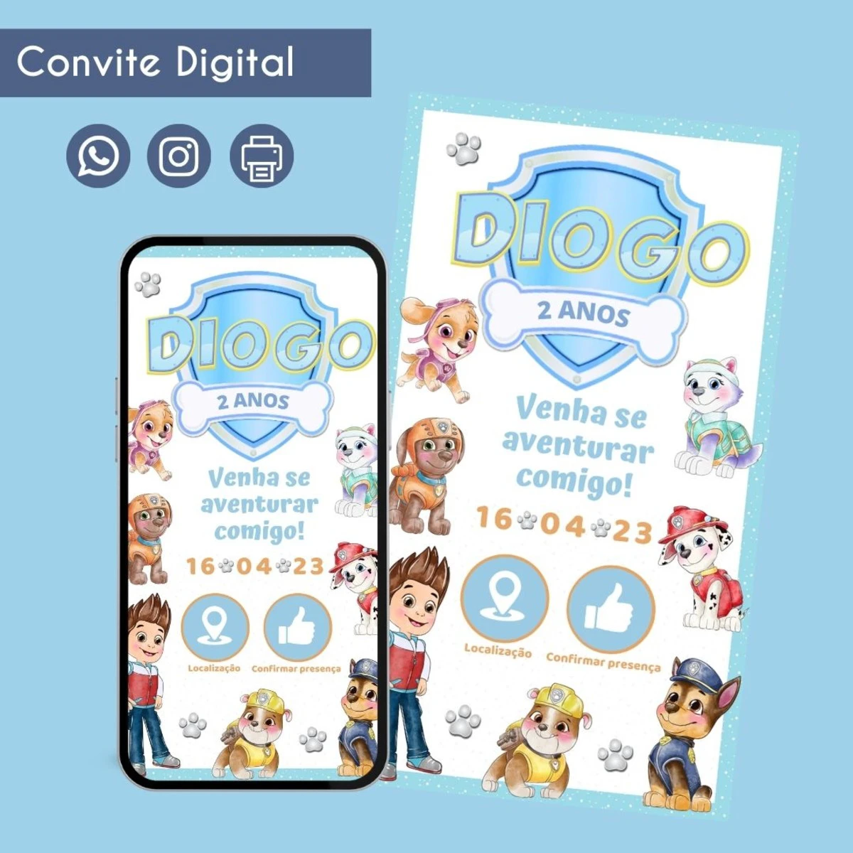 Convite Digital Patrulha Canina Menino 1 Festa Infantil 1 Arte digital de convite de aniversário com tema de aventura e personagens.