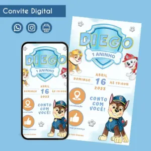 Convite Digital Patrulha Canina Menino Personalizado Festa 37 Convite digital de aniversário infantil com cachorros de desenho animado.