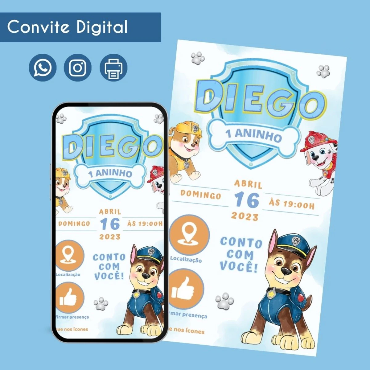 Convite Digital Patrulha Canina Menino Personalizado Festa 1 Convite digital de aniversário infantil com cachorros de desenho animado.