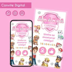 Convite digital com tema de cachorros e um menino, para festa infantil.