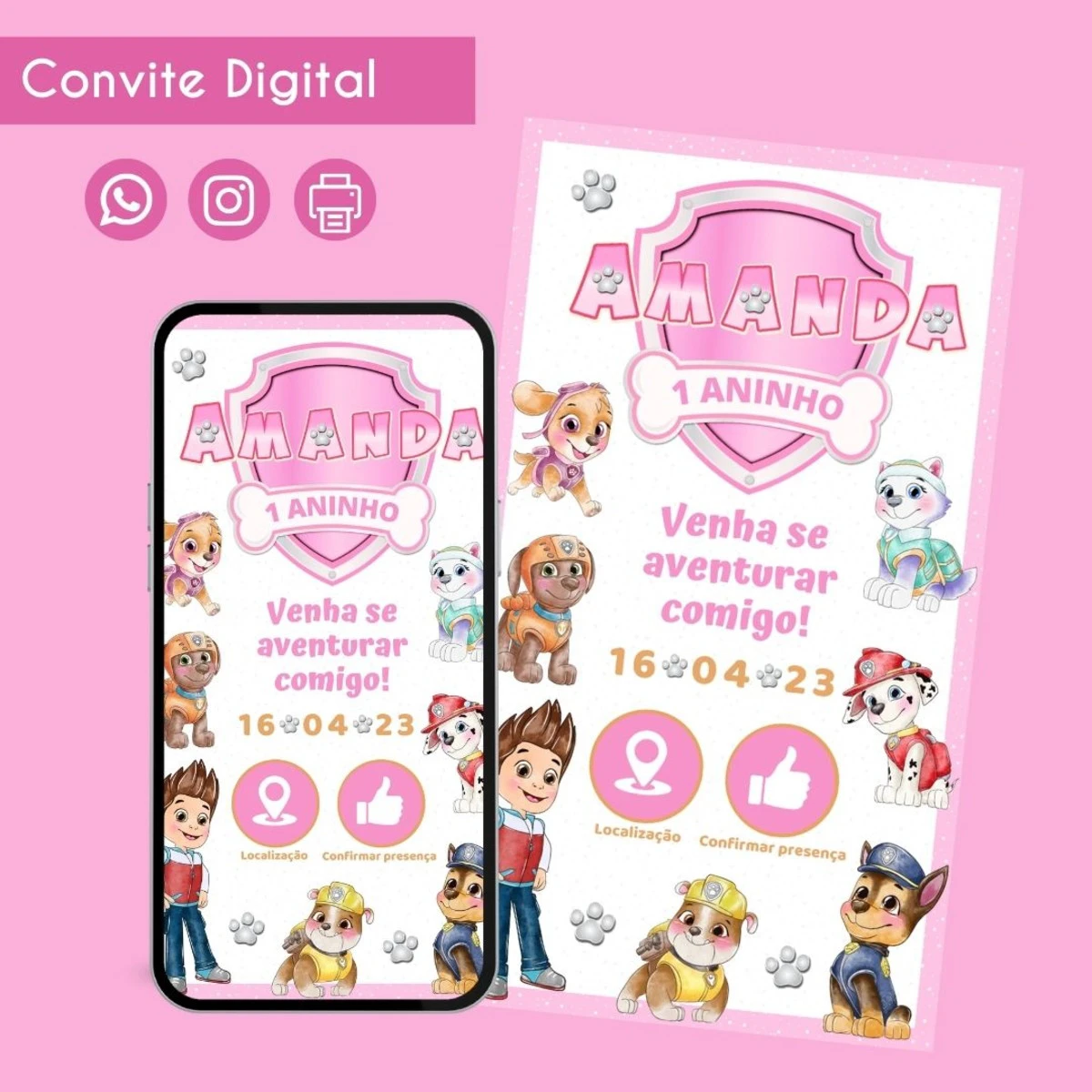 Convite Digital Patrulha Aquarela Personalizado Aniversário 1 Convite digital com tema de cachorros e um menino, para festa infantil.