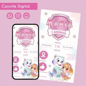 Convite digital de aniversário com tema de cachorros, exibindo nome e idade em rosa.