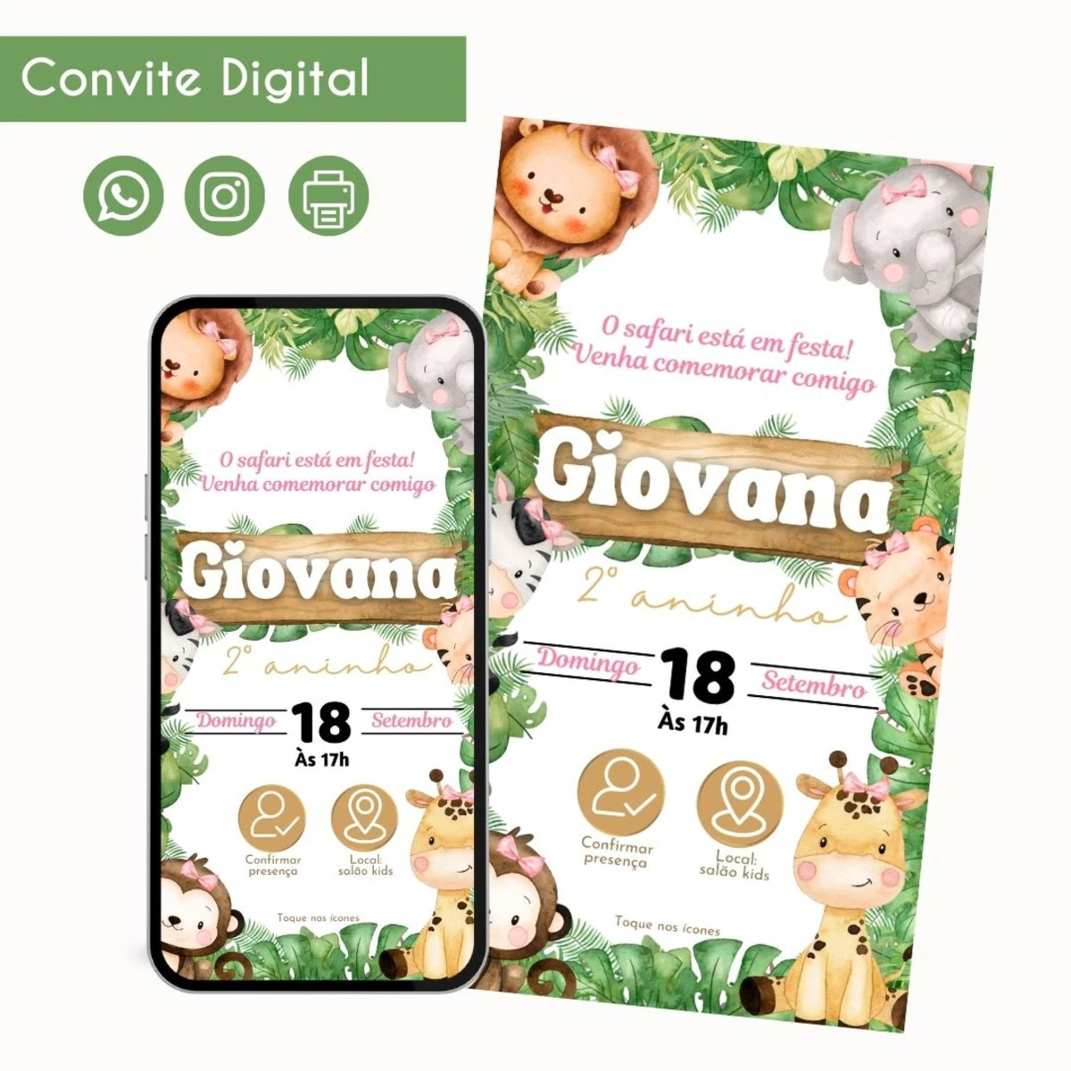 Convite Digital Safari Menina Personalizado Aniversário 1 Convite digital de aniversário infantil com tema safari, exibido em tela e formato de cartão.