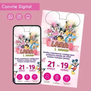 Convite digital de aniversário infantil com personagens animados e detalhes da festa.