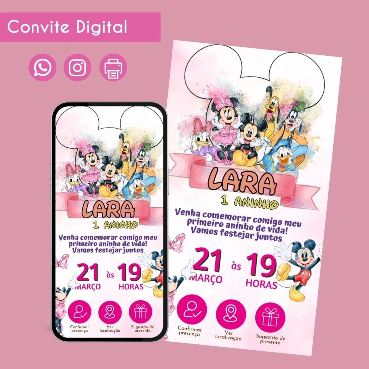 Convite Digital Turma do Mickey Aquarela Personalizado Festa 1 Convite digital de aniversário infantil com personagens animados e detalhes da festa.