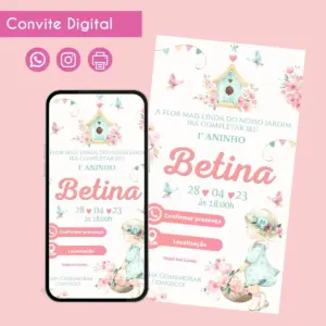 Convite Digital Jardim Menina Aquarela Personalizado Festa 27 Convite digital de 1º aninho com tema jardim, casa de pássaros, flores e menina.