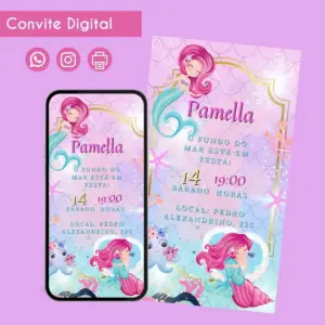 Convite Digital Sereia Personalizado Aniversário 27 Convite digital temático de sereia, com elementos marinhos e detalhes em rosa e azul.
