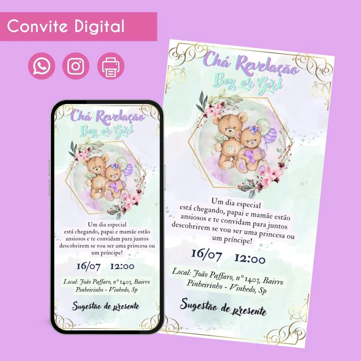 Convite Digital Chá Revelação Ursinhos Personalizado Festa 1 Convite digital de chá revelação com ursinhos, balões e flores.