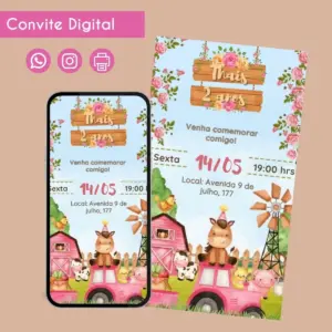 Convite digital temático de fazenda com animais, trator rosa e celeiro.
