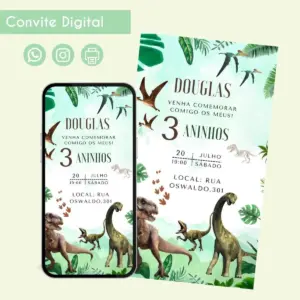 Convite digital de aniversário com tema de dinossauros, exibido em tela de celular e impresso.