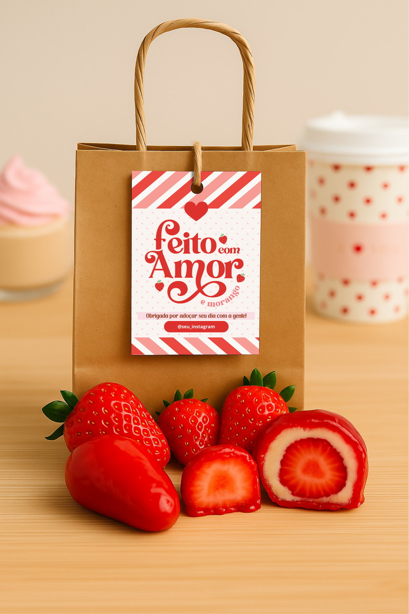 Adesivos e Tags Morango Amor - Canva - Arquivo p/ Embalagem 2 Adesivos e Tags Morango Amor - Canva - Arquivo p/ Embalagem